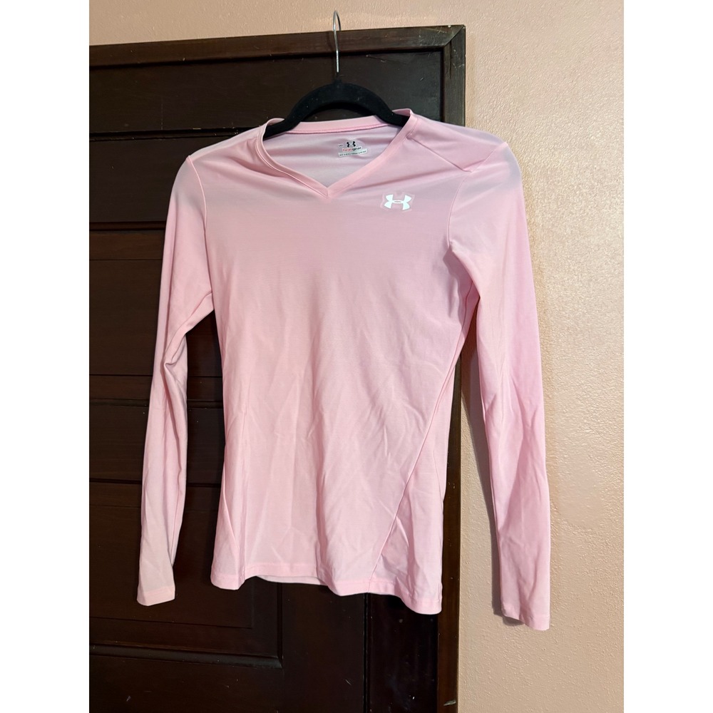 Under Armour HeatGear Womens Medium Pink V-Neck Long Sleeve Athletic Shirt Top